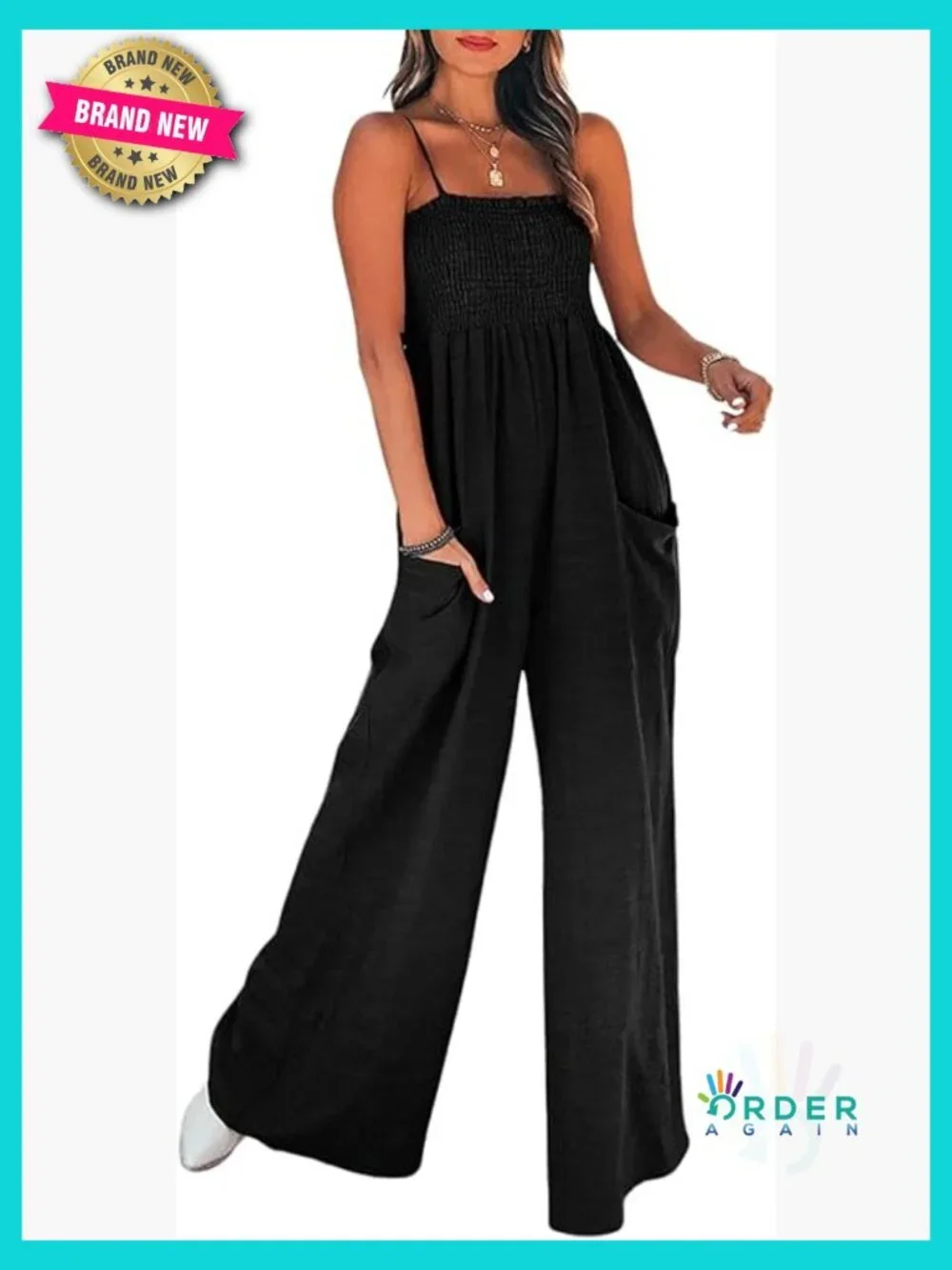 Smocked Square Neck Jumpsuit Adjustable Spaghetti Straps Loose Maxi Pants Summer